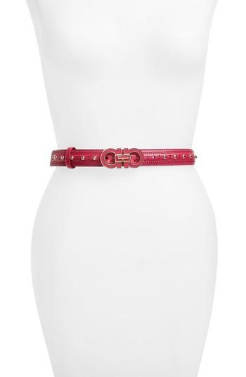 Women's Salvatore Ferragamo Groove Leather Belt With Double Gancini Buckle - Porpora