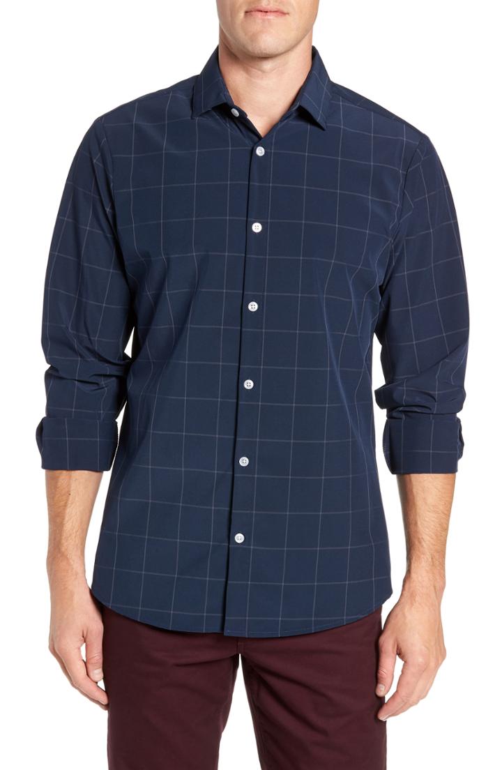 Men's Mizzen+main Courtman Slim Fit Windowpane Plaid Performance Sport Shirt