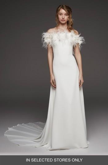 Women's Atelier Pronovias Halda Feather Off The Shoulder Crepe Gown, Size In Store Only - Ivory