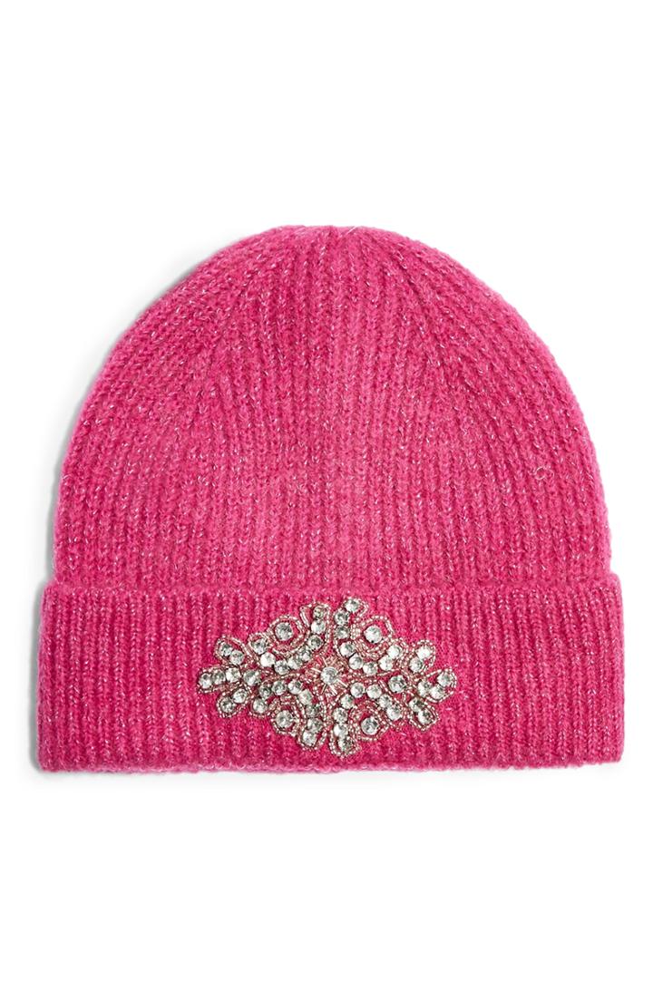 Women's Topshop Metallic Embroidered Beanie - Pink