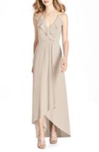 Women's Jenny Packham Ruffle Neck Chiffon Gown - Beige