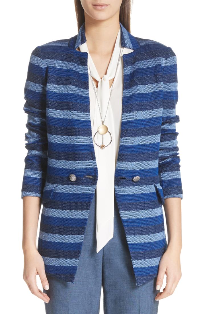 Women's St. John Held Stitch Overlay Stripe Knit Jacket - Blue