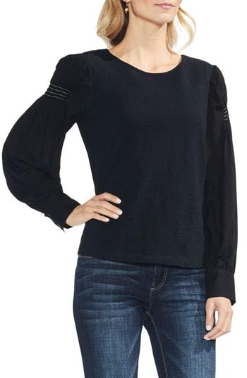 Women's Vince Camuto Smocked Shoulder Mix Media Top, Size - Black