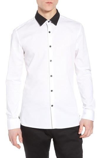 Men's Topman Muscle Fit Contrast Collar Sport Shirt, Size - White