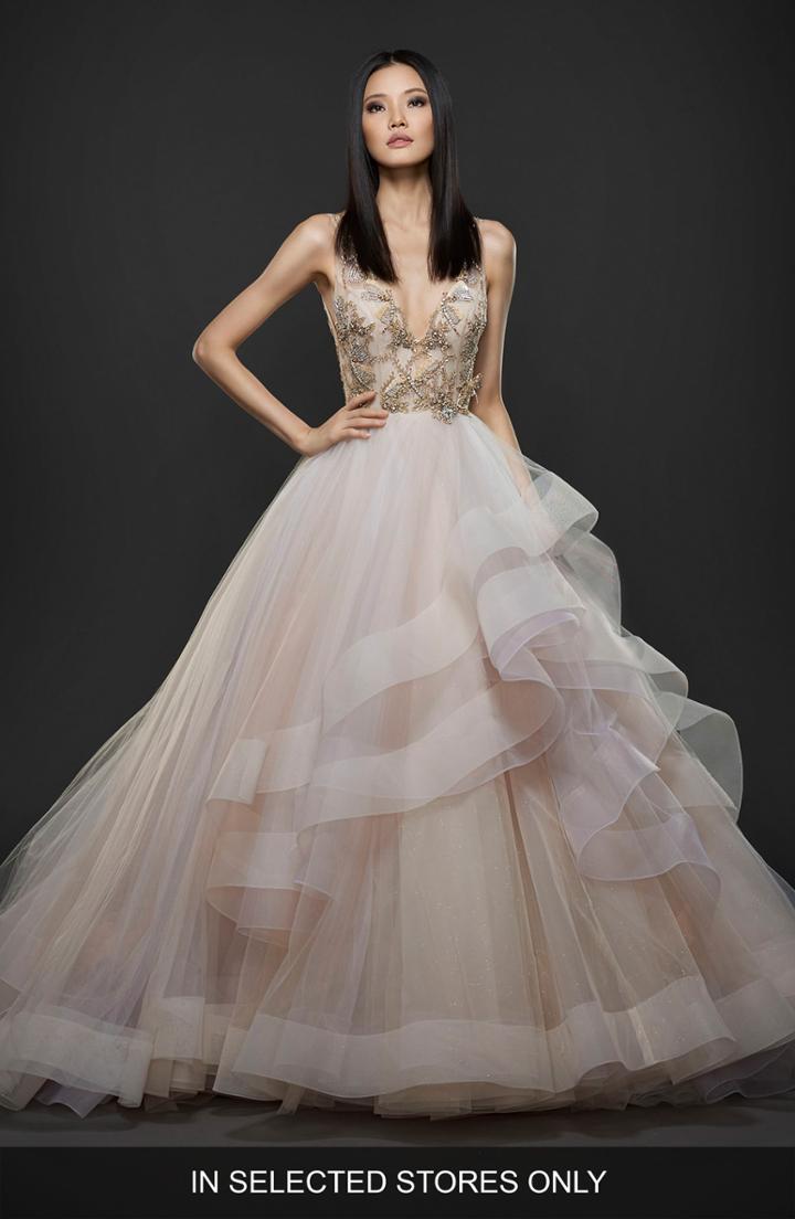 Women's Lazaro Embellished Layered Organza Ballgown, Size - Ivory