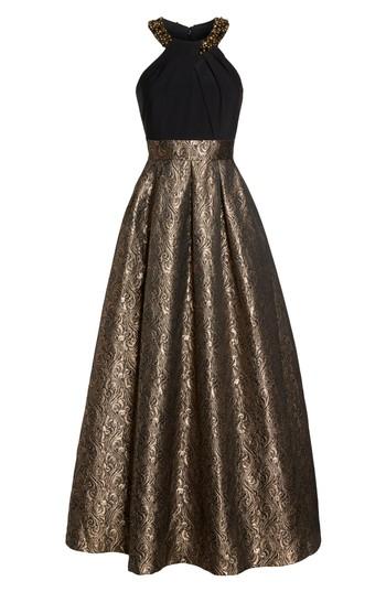 Women's Eliza J Embellished Mixed Media Ballgown - Metallic