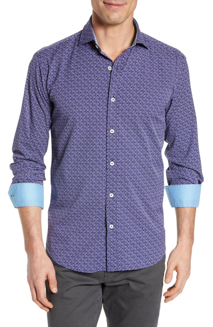 Men's Bugatchi Shaped Fit Scatter Dot Wrinkle Resistant Sport Shirt - Blue