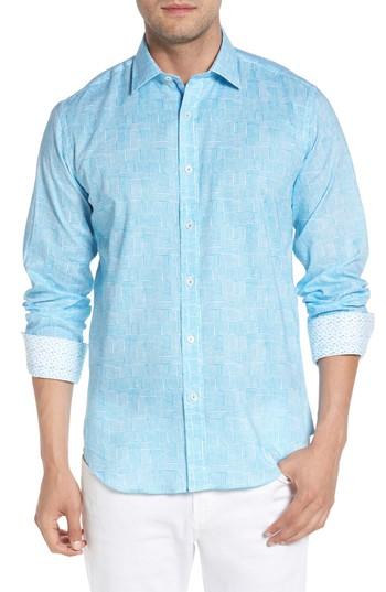 Men's Bugatchi Shaped Fit Basket Weave Print Sport Shirt - Blue
