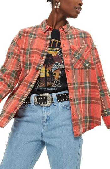 Women's Topshop Washed Tartan Shirt Us (fits Like 6-8) - Red