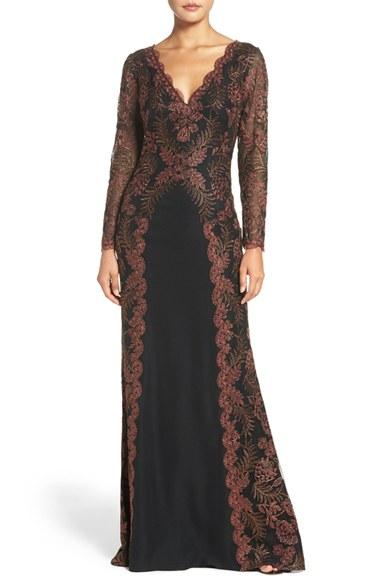 Women's Tadashi Shoji Embroidered Woven Gown - Black