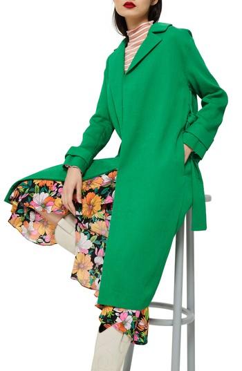 Women's Topshop Plisse Belted Duster Coat Us (fits Like 0) - Green