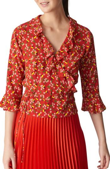 Women's Whistles Peony Print Silk Wrap Top Us / 4 Uk - Red