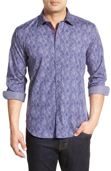 Men's Bugatchi Shaped Fit Leaf Print Sport Shirt