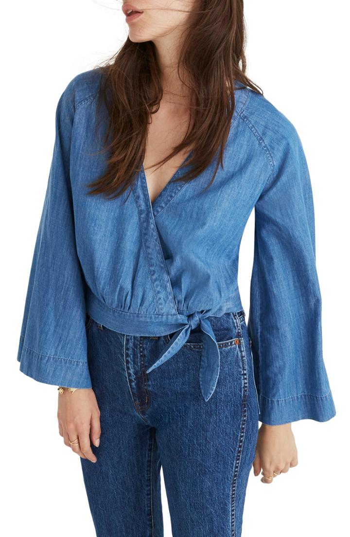 Women's Madewell Denim Bell Sleeve Wrap Top - Blue