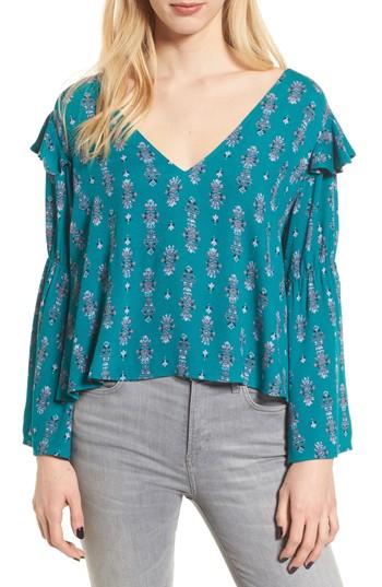 Women's Bp. Tie Back Ruffle Trim Top, Size - Blue/green