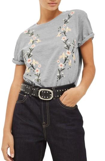 Women's Topshop Floral Embroidered Tee Us (fits Like 0-2) - Grey