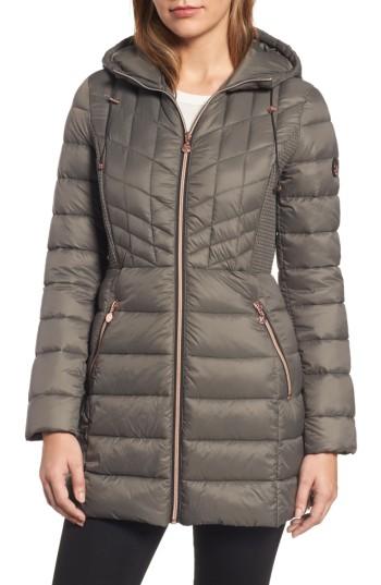 Petite Women's Bernardo Hooded Packable Down & Primaloft Coat P - Brown