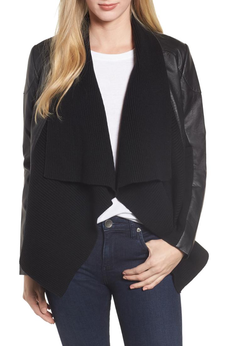 Women's Caslon Ribbed Drape Front Faux Leather Jacket, Size - Black