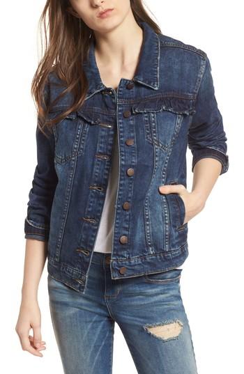 Women's Sts Blue Ruffle Trim Boyfriend Denim Jacket - Blue