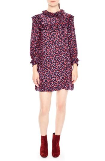 Women's Sandro Ruffle Floral Print Silk Shift Dress - Blue