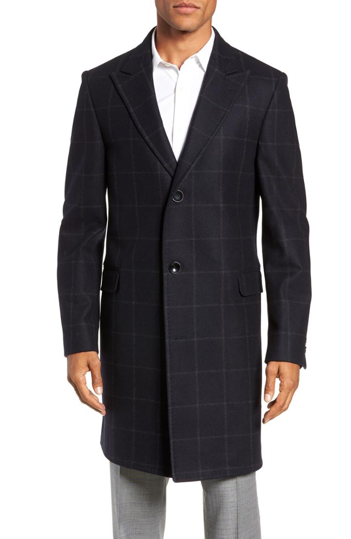 Men's Nordstrom Signature Addison Windowpane Wool Blend Overcoat R - Blue