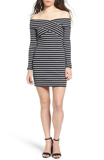 Women's Cream And Sugar Stripe Off The Shoulder Body-con Dress