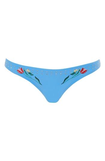 Women's Topshop Embroidered Studded Bikini Bottoms Us (fits Like 0) - Blue