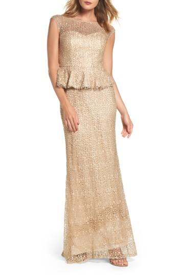 Women's La Femme Embellished Lace Peplum Gown - Beige