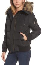 Women's Michael Michael Kors Missy Water Resistant Puffer Bomber Jacket With Detachable Hood And Faux Fur Trim - Black