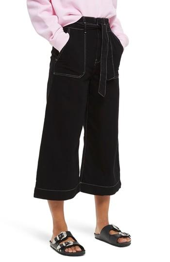 Women's Topshop Contrast Stitch Wide Leg Crop Trousers Us (fits Like 0) - Black