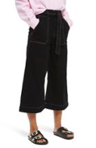Women's Topshop Contrast Stitch Wide Leg Crop Trousers Us (fits Like 0) - Black