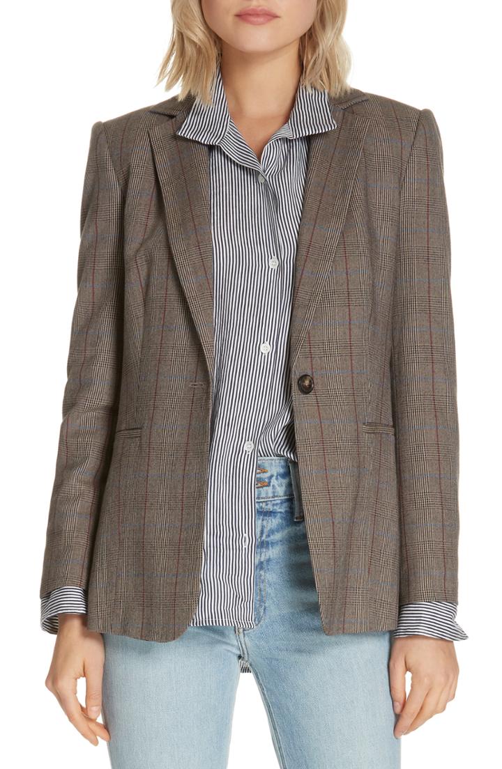 Women's Frame Plaid Wool Blend Blazer - Brown