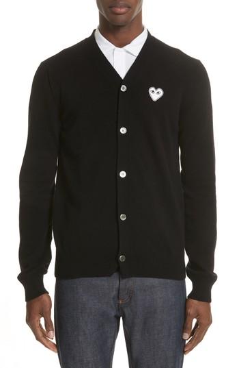 Men's Comme Des Garcons Play White Heart Wool Cardigan - Black