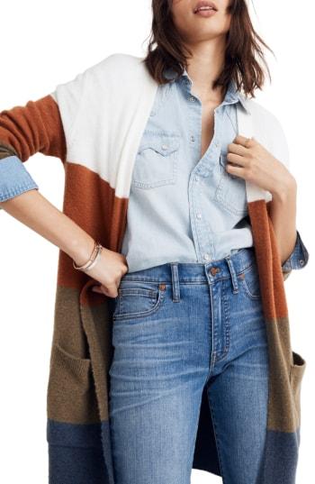 Women's Madewell Kent Colorblock Long Cardigan, Size - Grey