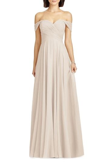 Women's Dessy Collection Lux Off The Shoulder Chiffon Gown (similar To 14w) - Beige