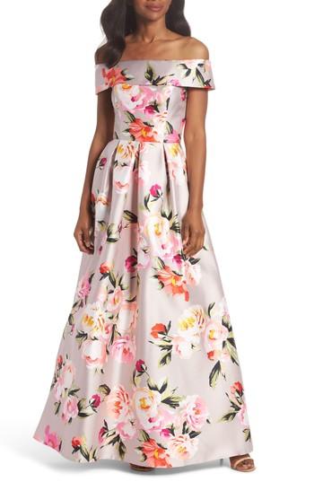 Women's Eliza J Floral Off The Shoulder Mikado Gown - Beige