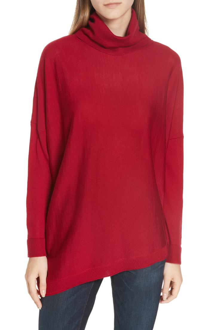 Women's Eileen Fisher Merino Jersey Asymmetrical Turtleneck Sweater - Red