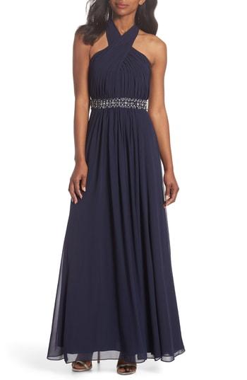 Women's Eliza J Halter Pleated Cross Neck Gown - Blue