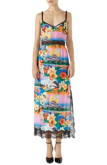 Women's Gucci Lace Trim Tropical Print Silk Slipdress Us / 40 It - Blue