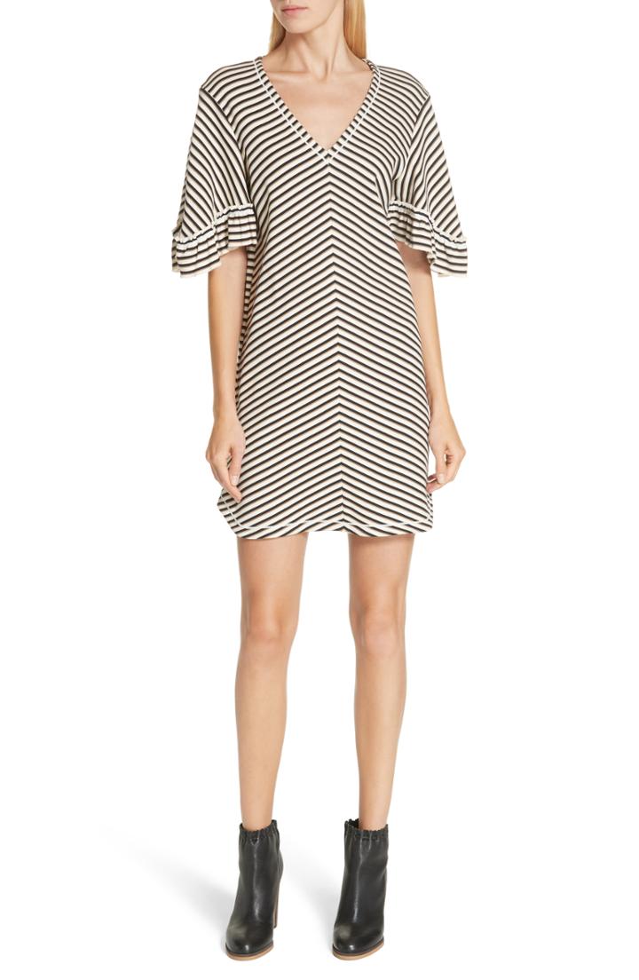 Women's See By Chloe Stripe Ruffle Sleeve Shift Dress - White