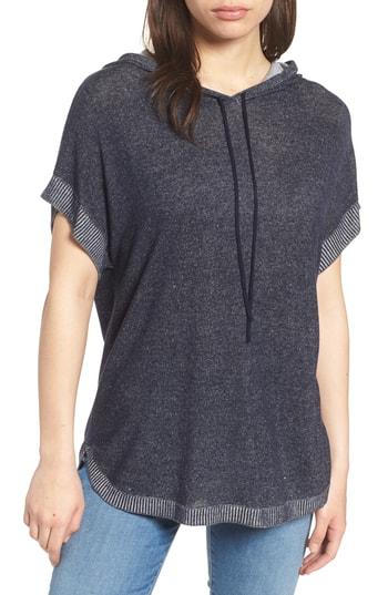 Women's Vince Camuto Ribbed Trim Short Sleeve Hoodie, Size - Blue