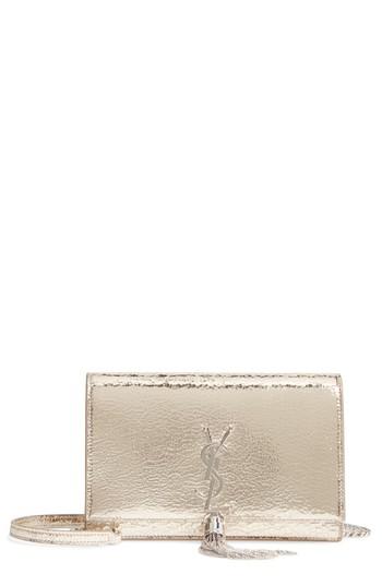Women's Saint Laurent Kate Crackle Calfskin Wallet On A Chain - Metallic