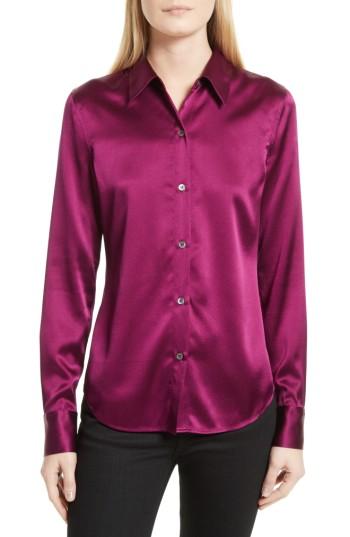 Women's Theory Perfect Fitted Stretch Satin Shirt, Size - Pink