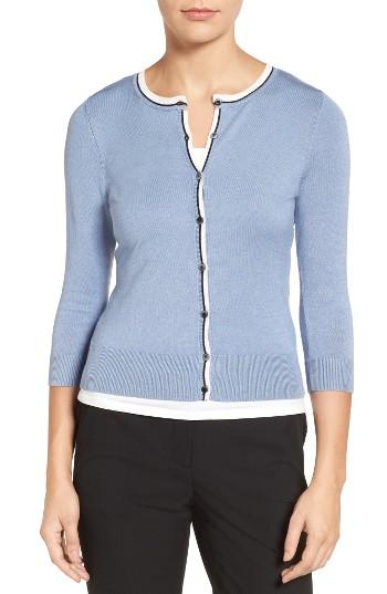 Petite Women's Halogen Three Quarter Sleeve Crewneck Cardigan, Size P - Blue