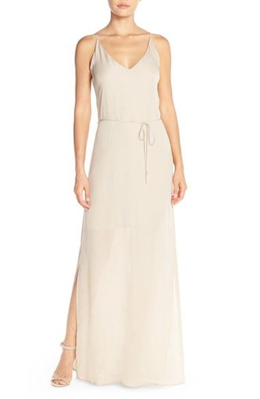 Women's Maids Rory Beca 'harlow' Belted Silk Georgette Deep V-back Gown - Beige