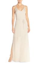 Women's Maids Rory Beca 'harlow' Belted Silk Georgette Deep V-back Gown - Beige