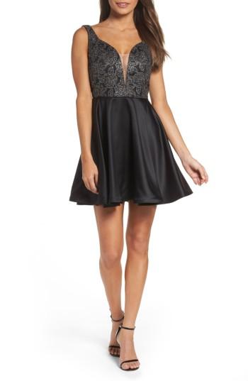 Women's La Femme Mesh Plunge Skater Dress
