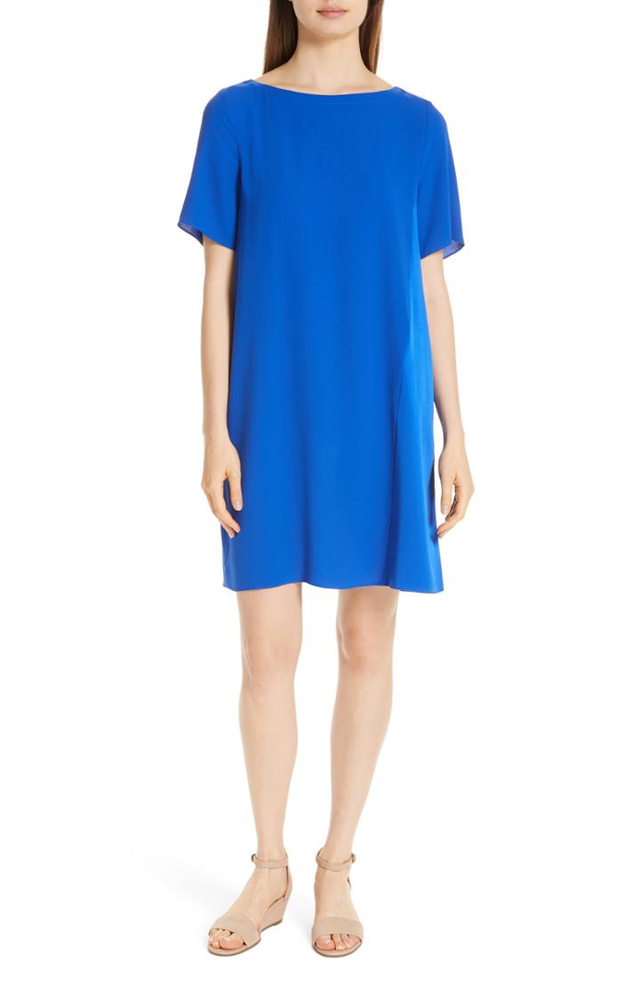 Women's Eileen Fisher Bateau Neck Silk Dress - Blue