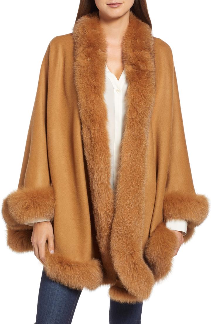 Women's Belle Fare Genuine Fox Fur Trim Cashmere Cape, Size - Brown