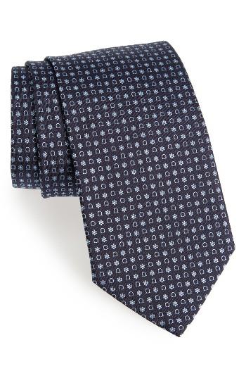 Men's Salvatore Ferragamo Geometric Gancini & Floral Print Silk Tie, Size - Blue